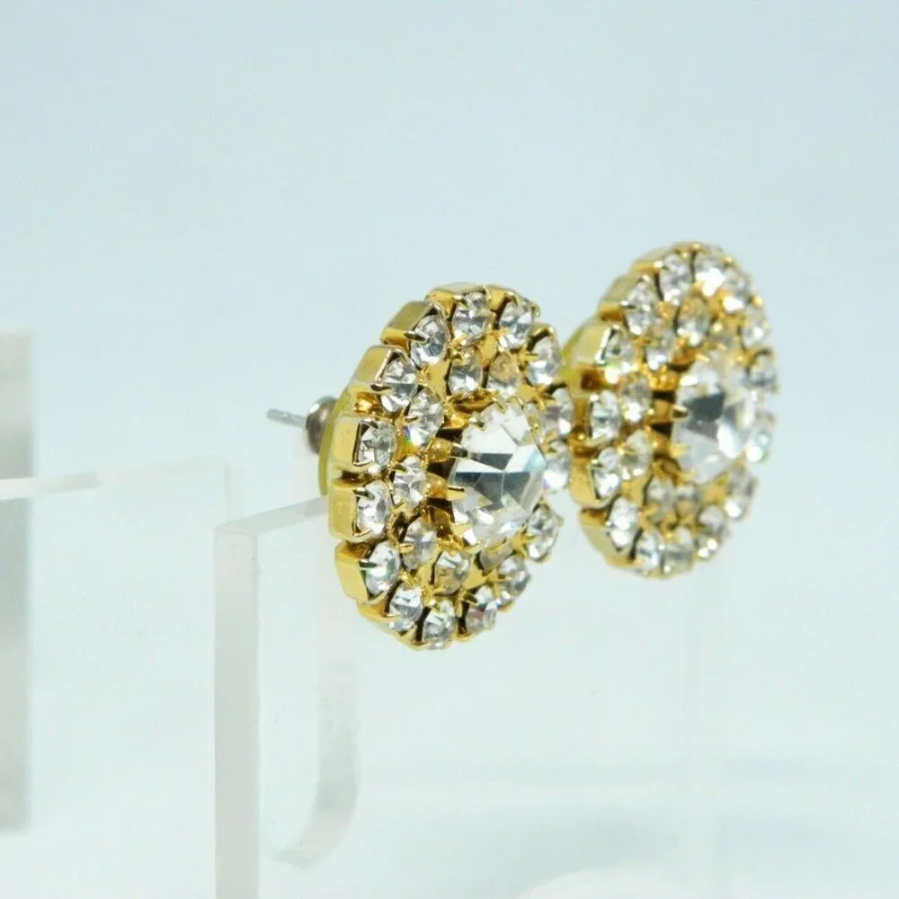 Clear Rhinestone Round Gold Tone Post Earrings